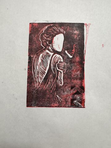 Linocut of woman dressed up